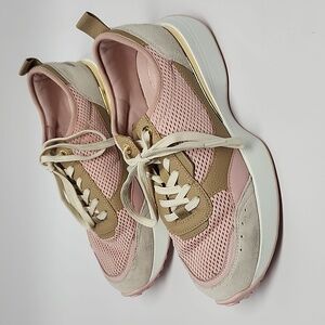 Michael Kors Woman's Flynn Lace Up Trainer Sneakers Beige & Pink Size 10M
